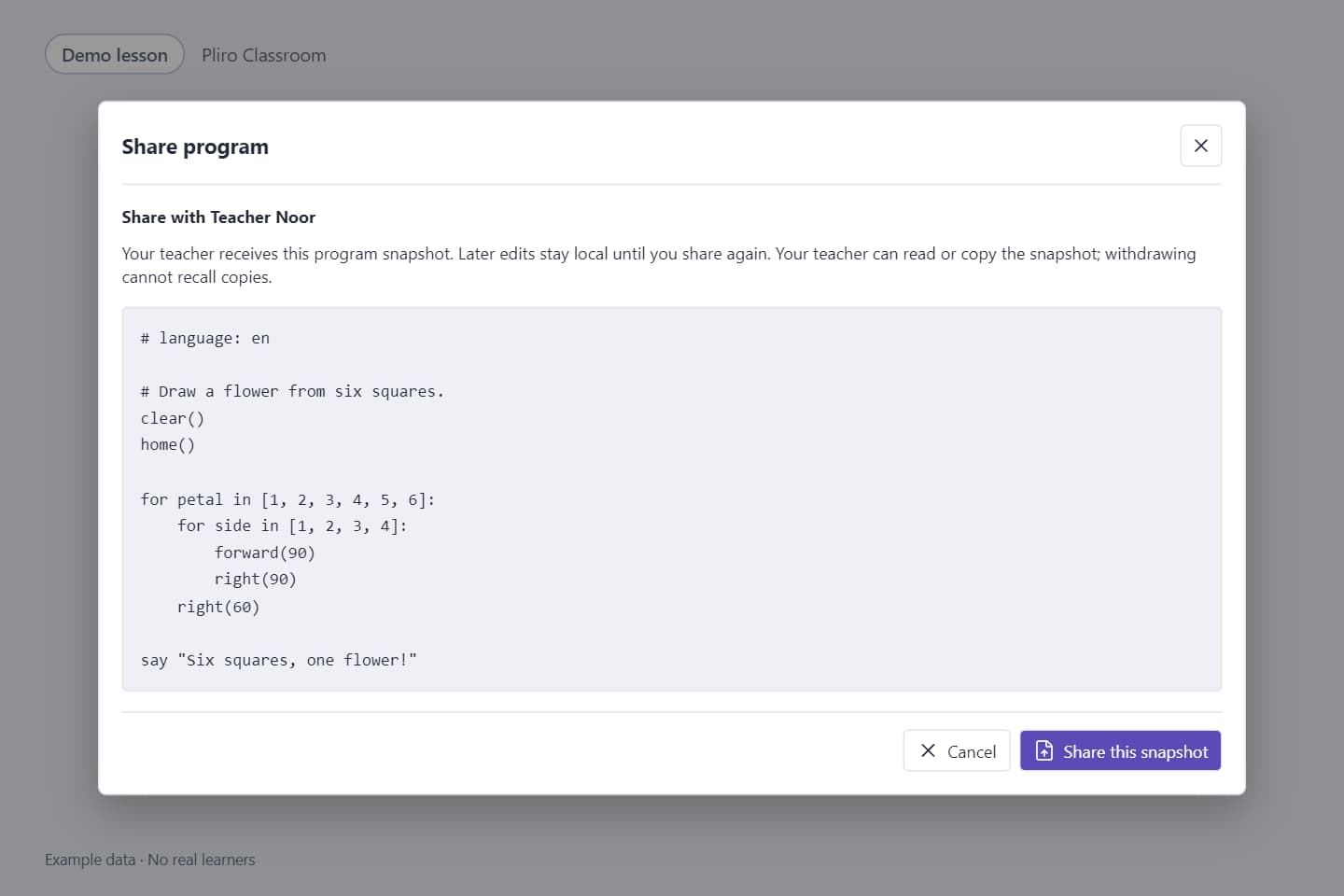 Labelled Pliro Classroom demo of a learner previewing and confirming the program snapshot shared with a teacher.
