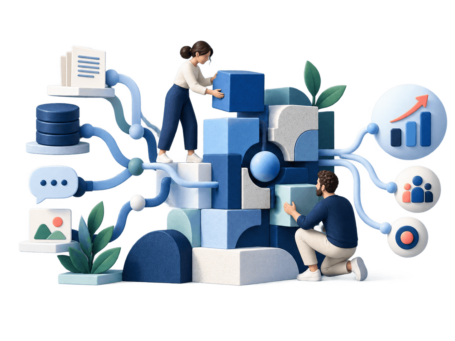 Two collaborators assembling connected modules into custom software