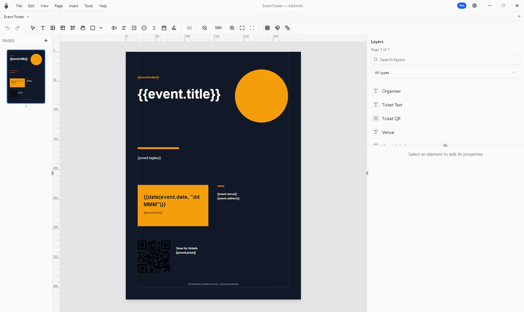 InkSmith editor showing a navy and orange event poster with page and layer controls