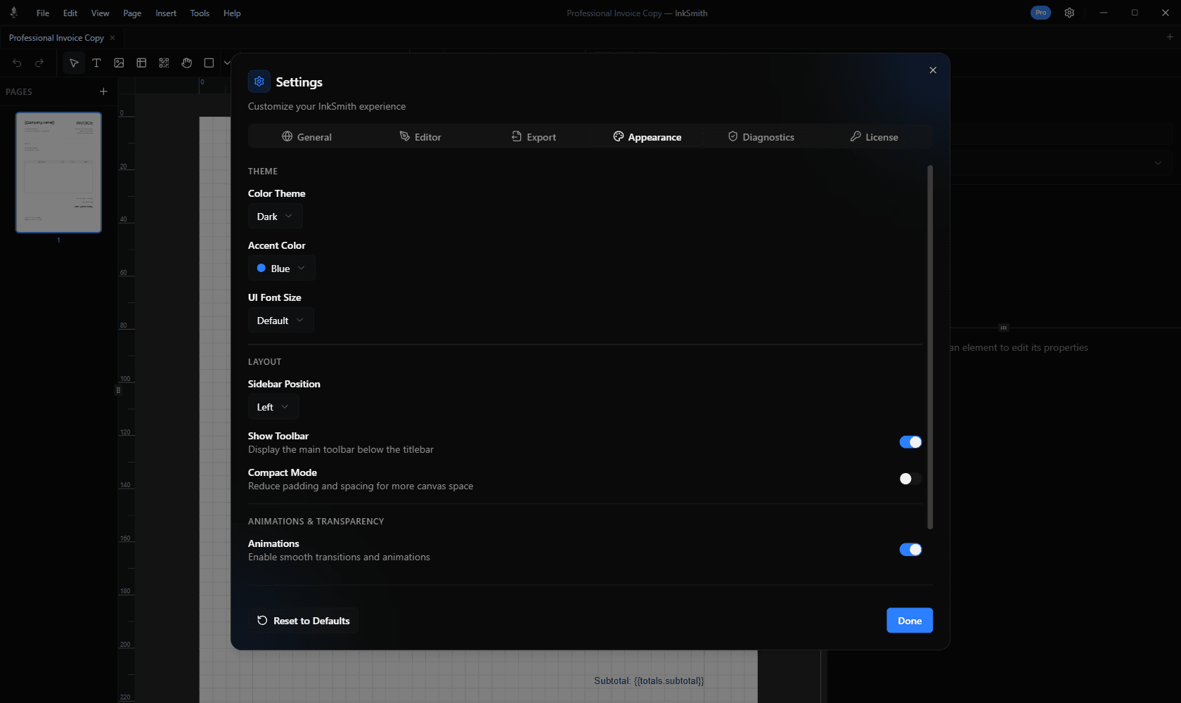 InkSmith document settings