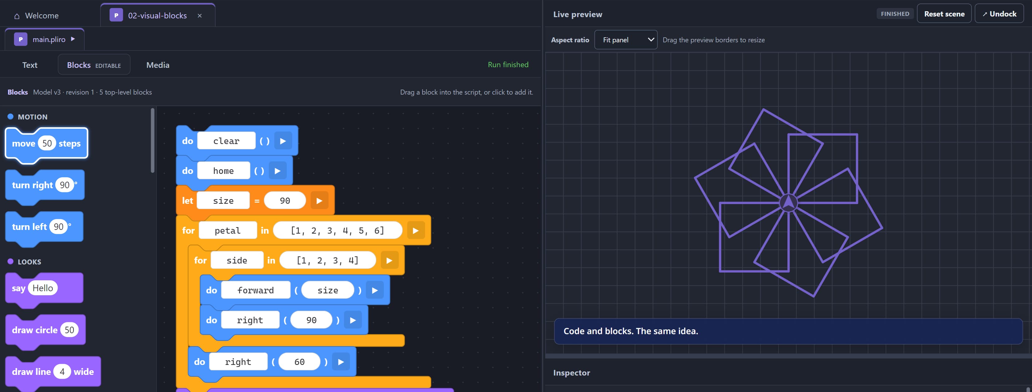 The Pliro desktop editor with visual programming blocks and a geometric drawing in its live preview.
