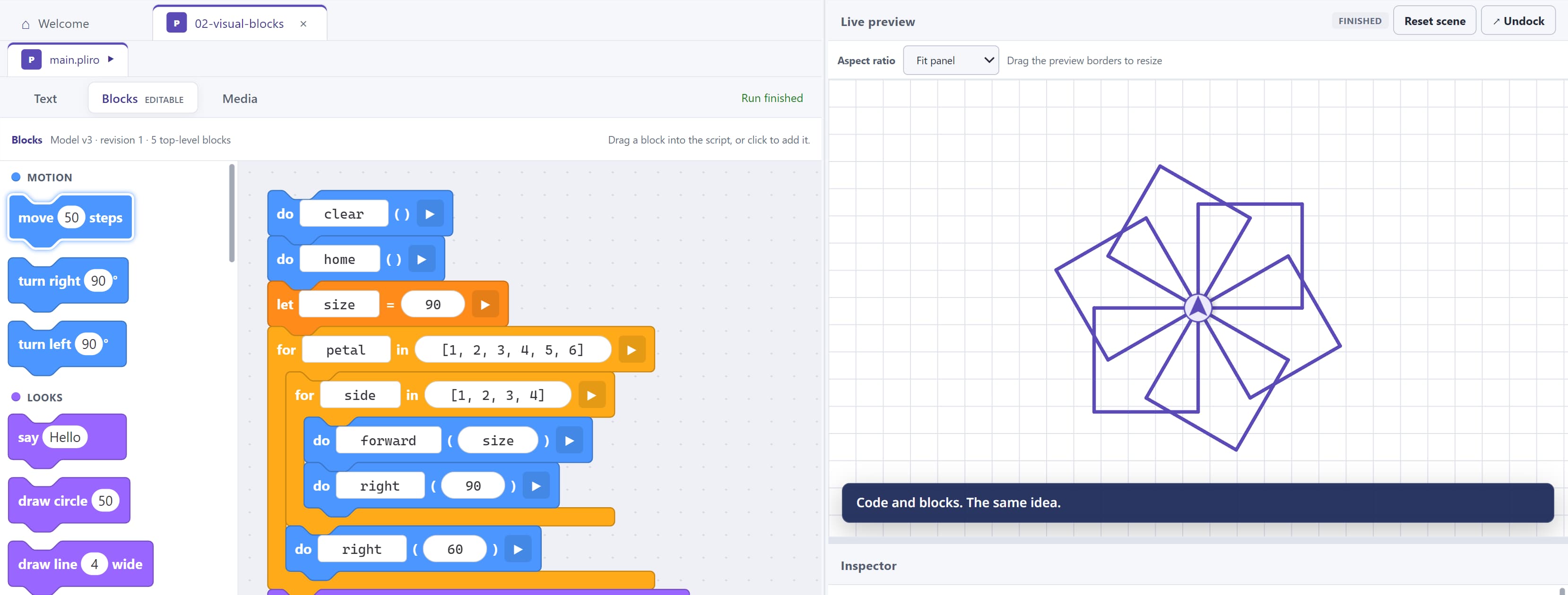 The Pliro desktop editor with visual programming blocks and a geometric drawing in its live preview.