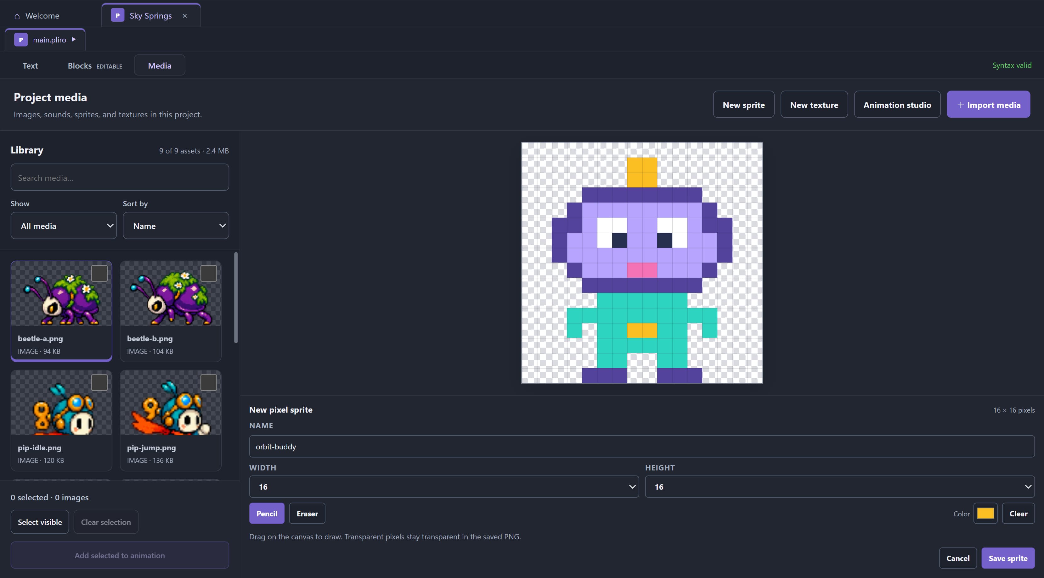 The Pliro pixel-art editor with a character sprite and project media.