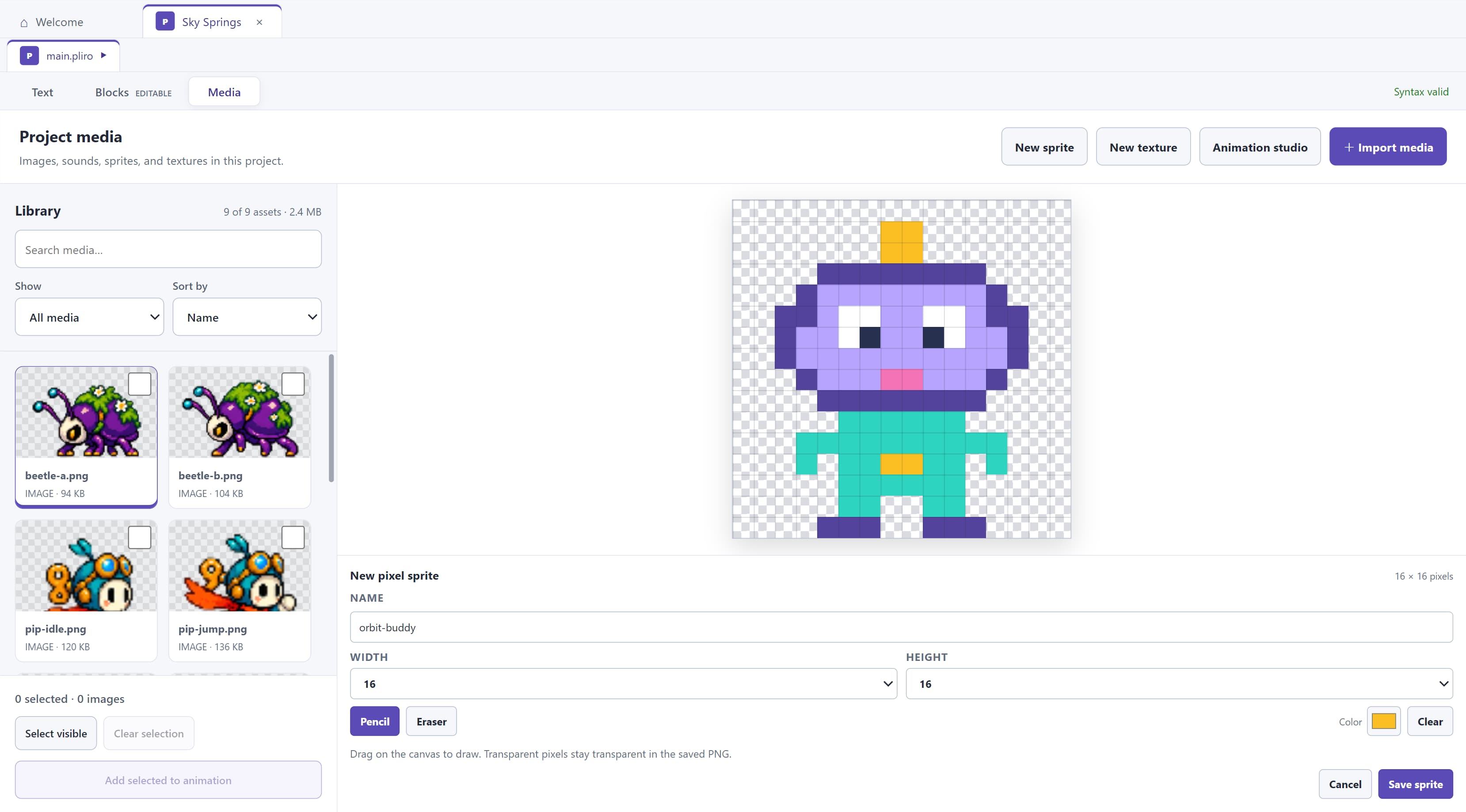 The Pliro pixel-art editor with a character sprite and project media.