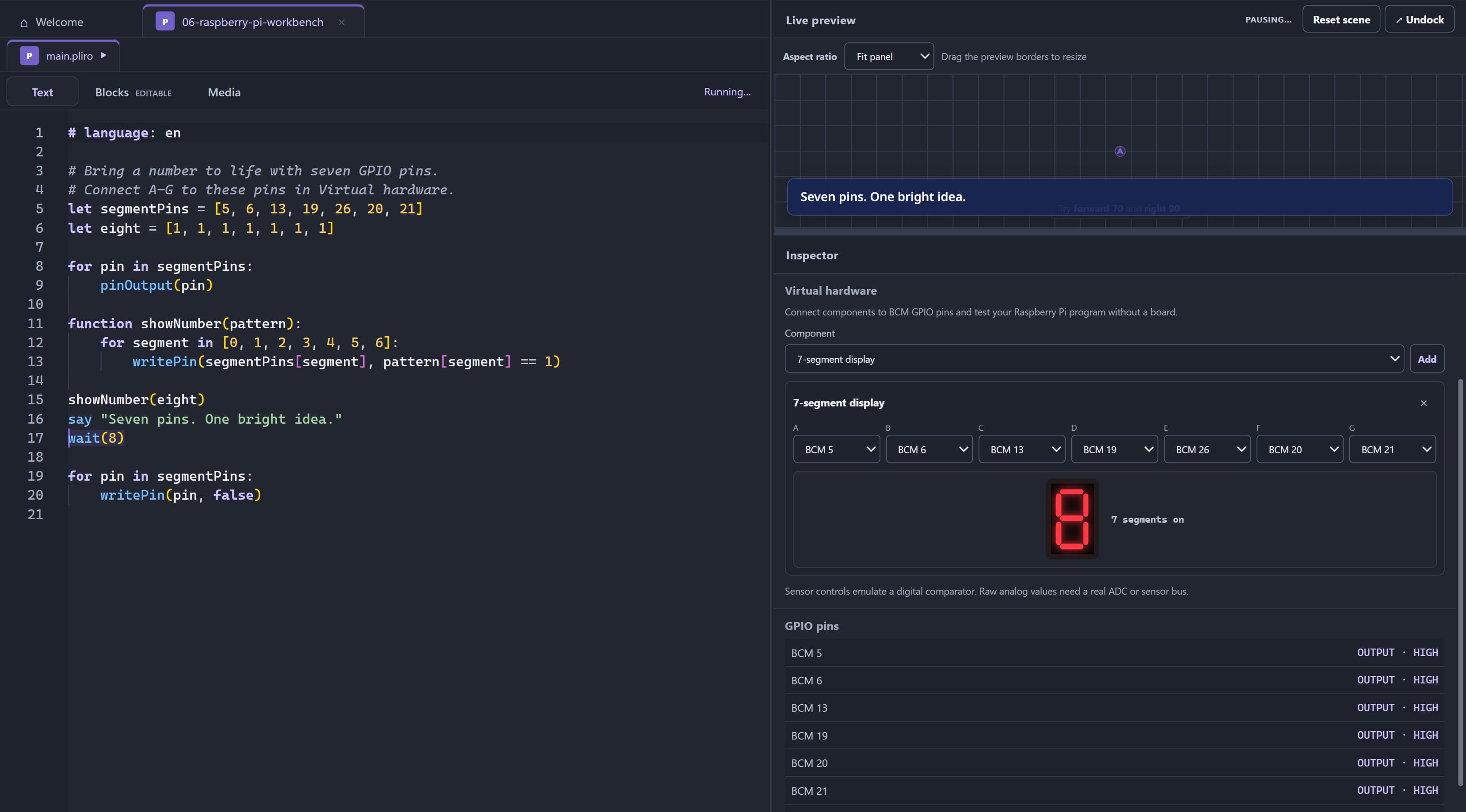 Pliro's virtual hardware workbench beside the source editor.