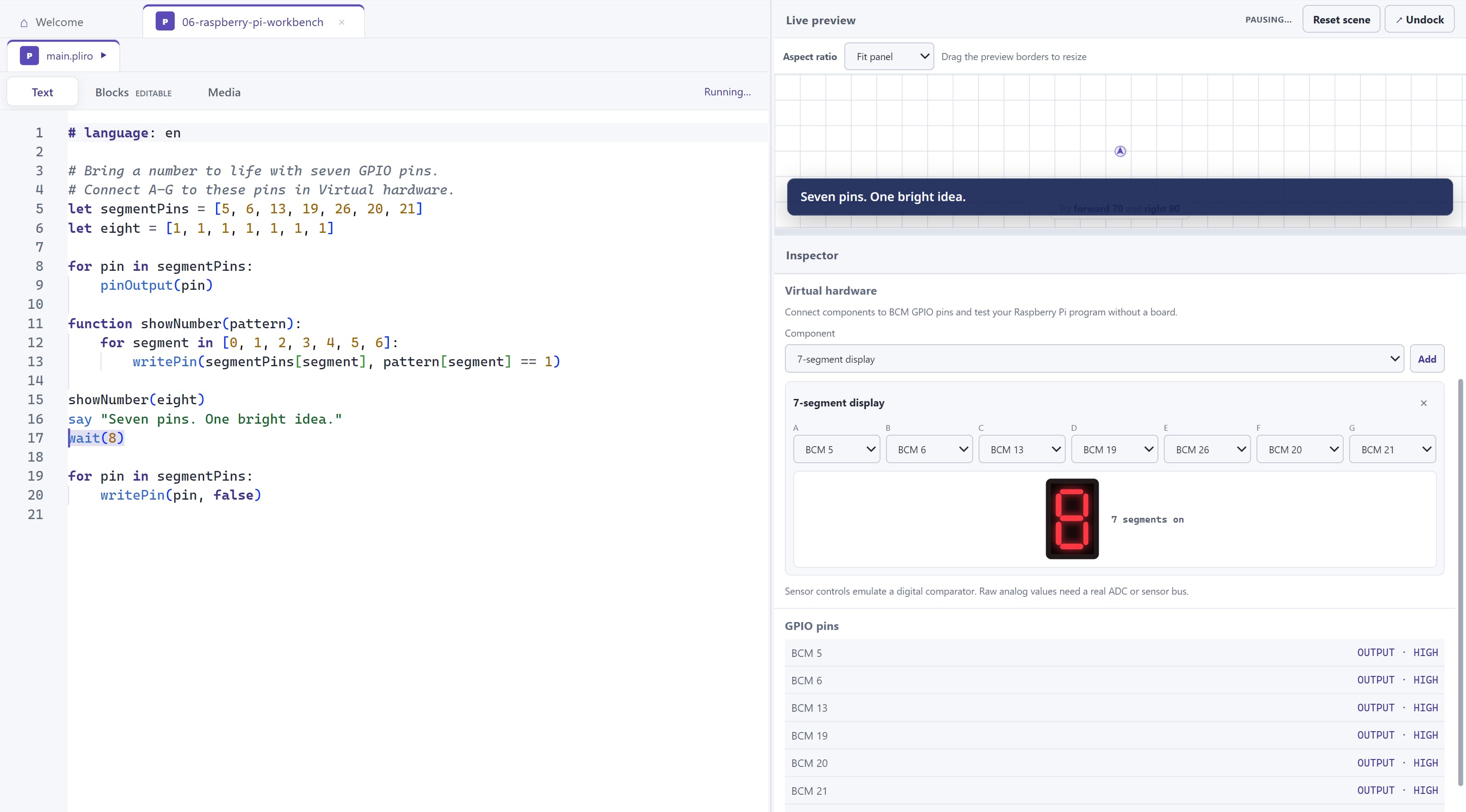 Pliro's virtual hardware workbench beside the source editor.