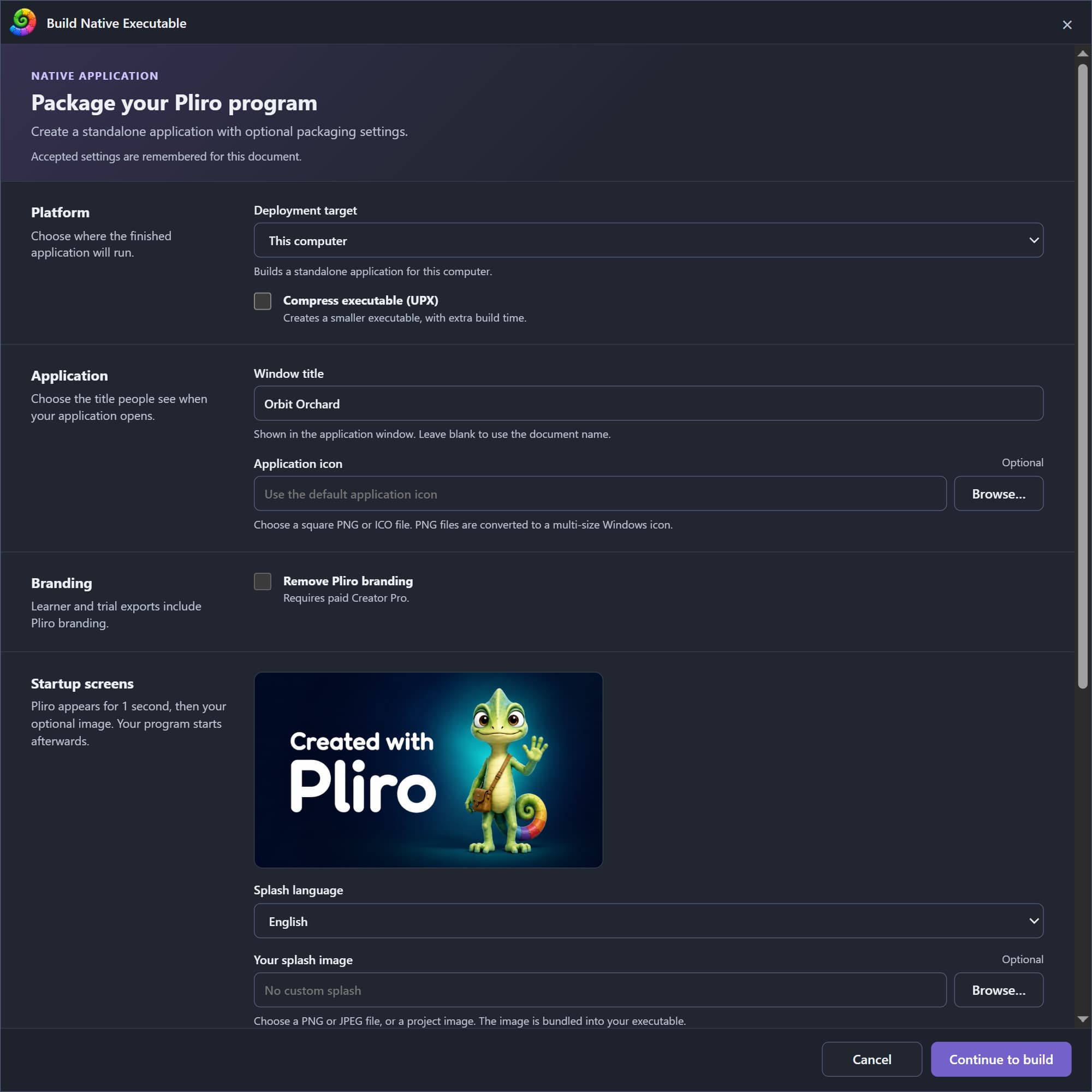 The Pliro native-application export dialog for a supported desktop target.