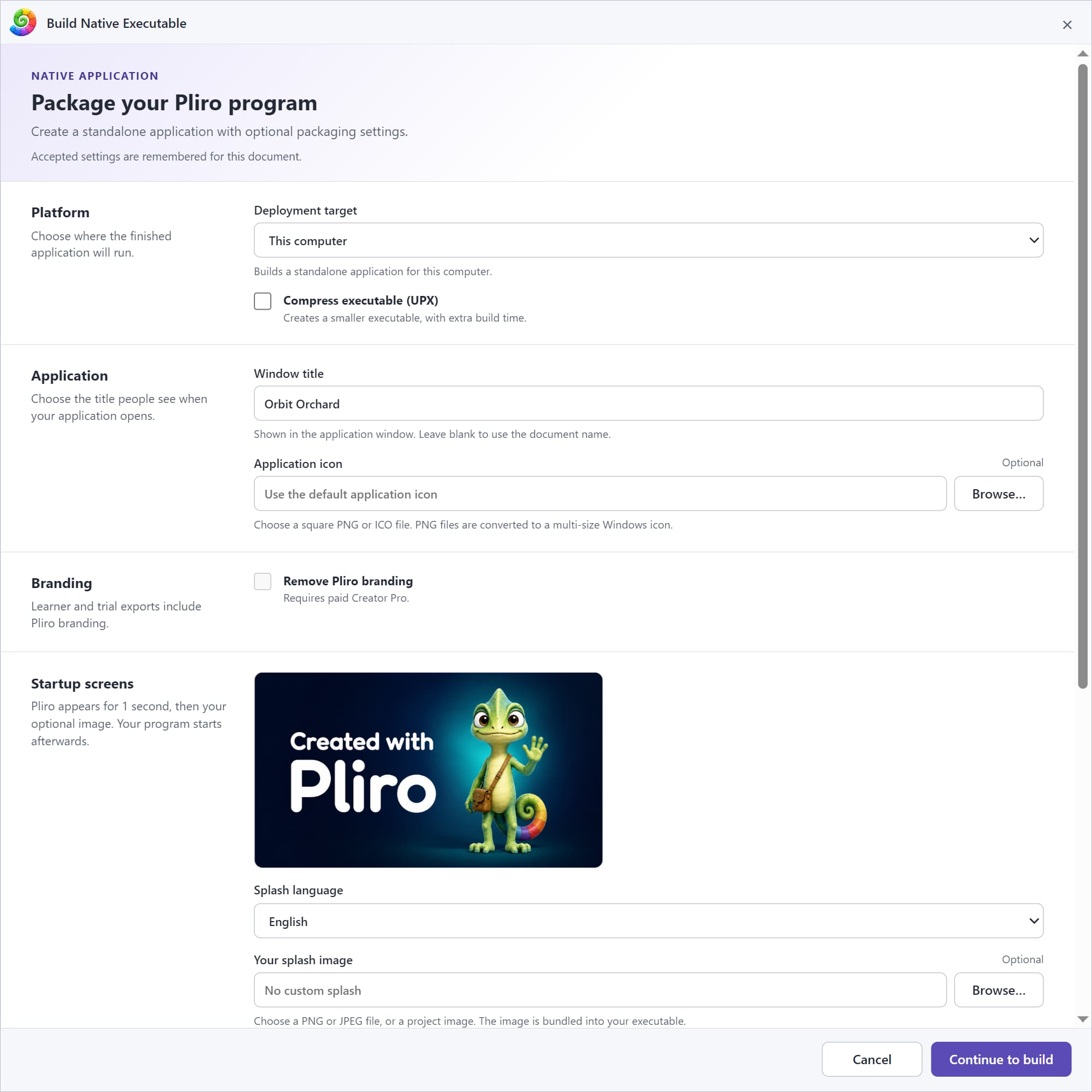 The Pliro native-application export dialog for a supported desktop target.