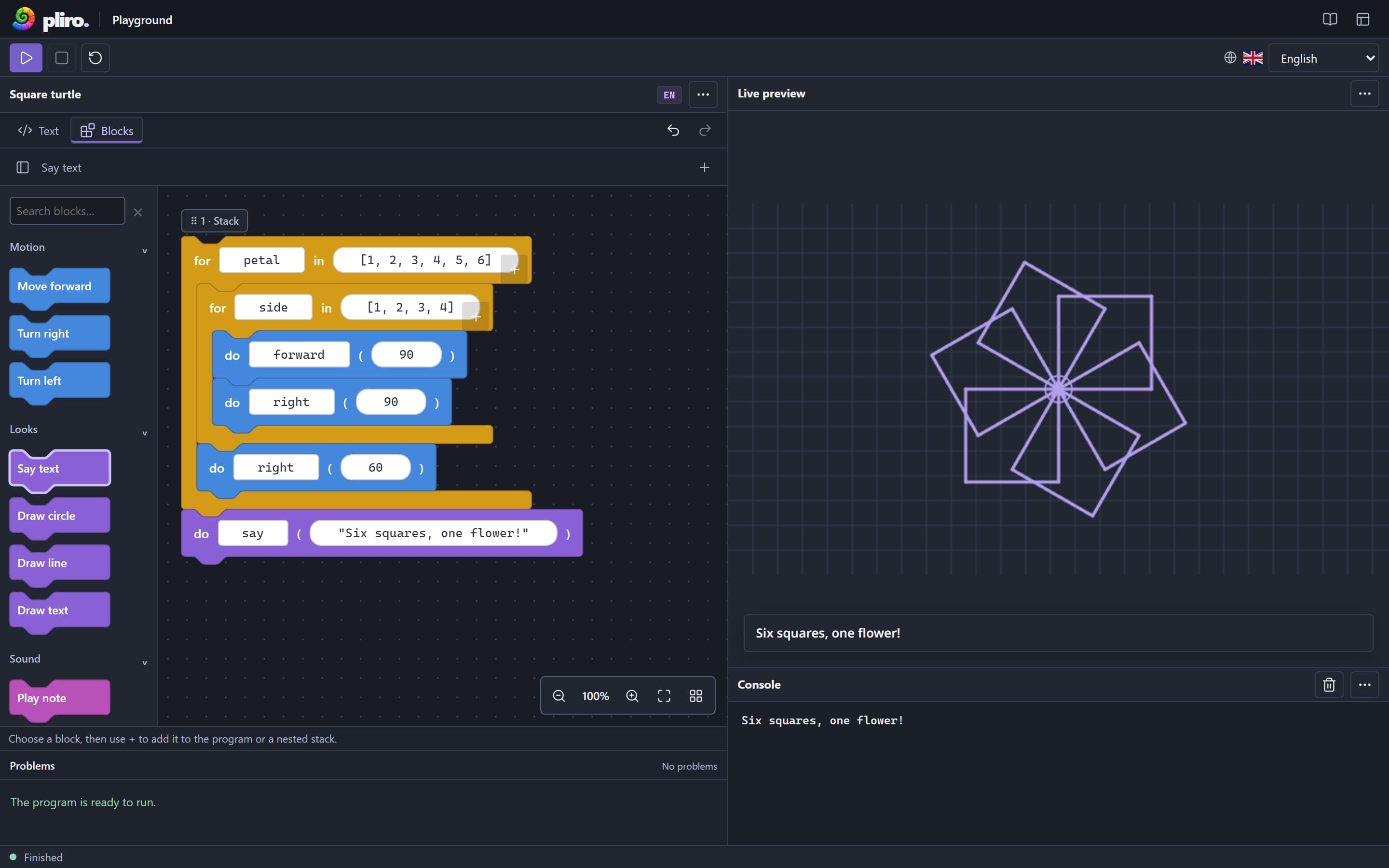 The English Pliro playground showing nested programming blocks and a flower pattern made from six squares.