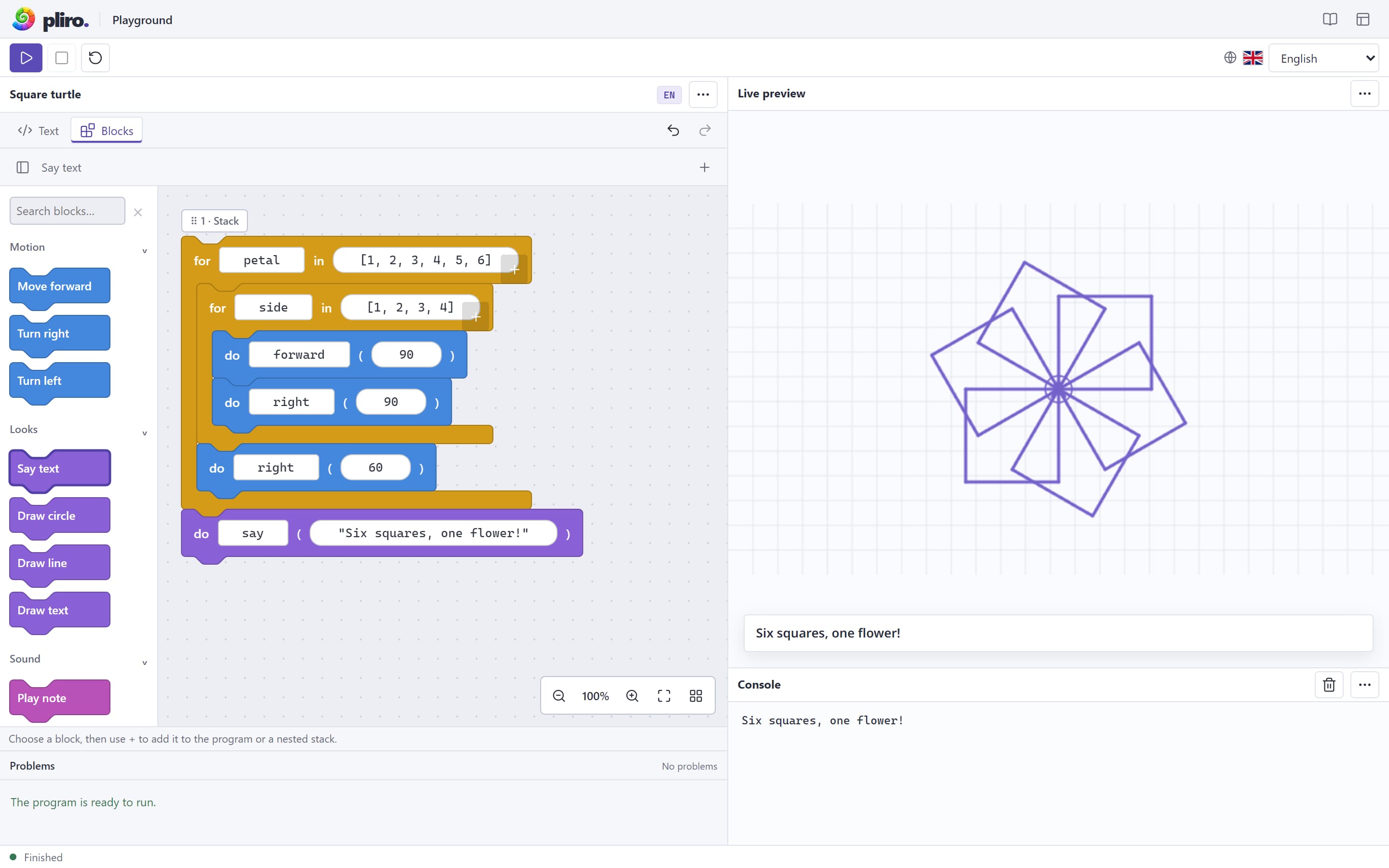 The English Pliro playground showing nested programming blocks and a flower pattern made from six squares.