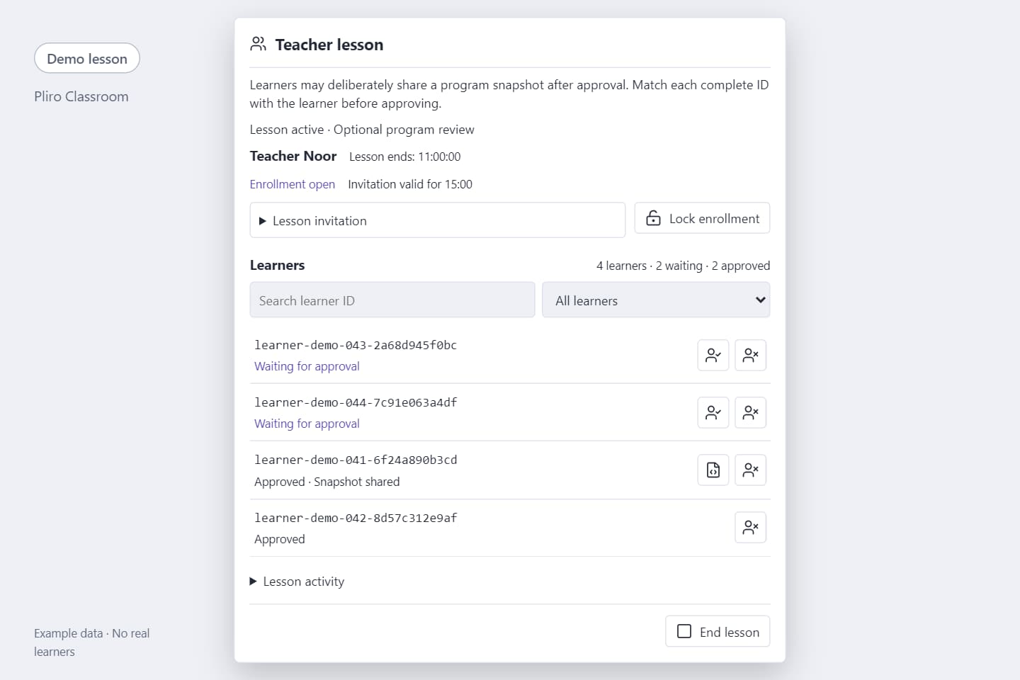 A labelled demo view of the Pliro Classroom teacher roster with pending and approved learners.