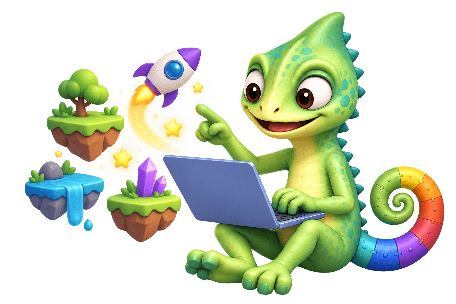 Pli the chameleon creating colourful digital worlds on a laptop.