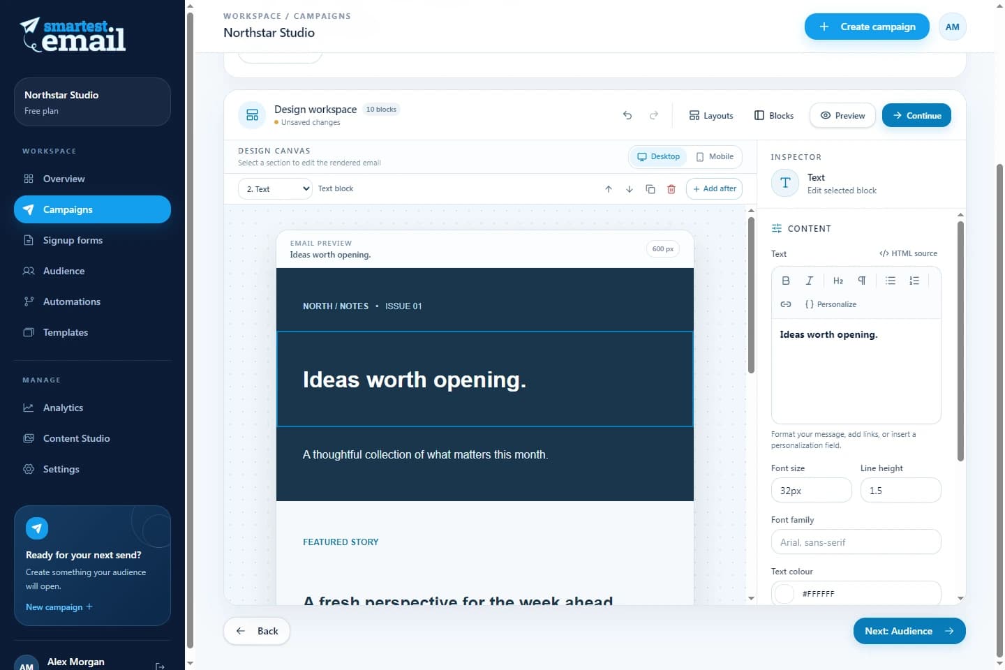 smartest.email campaign editor showing a newsletter design, desktop and mobile previews, and text styling controls