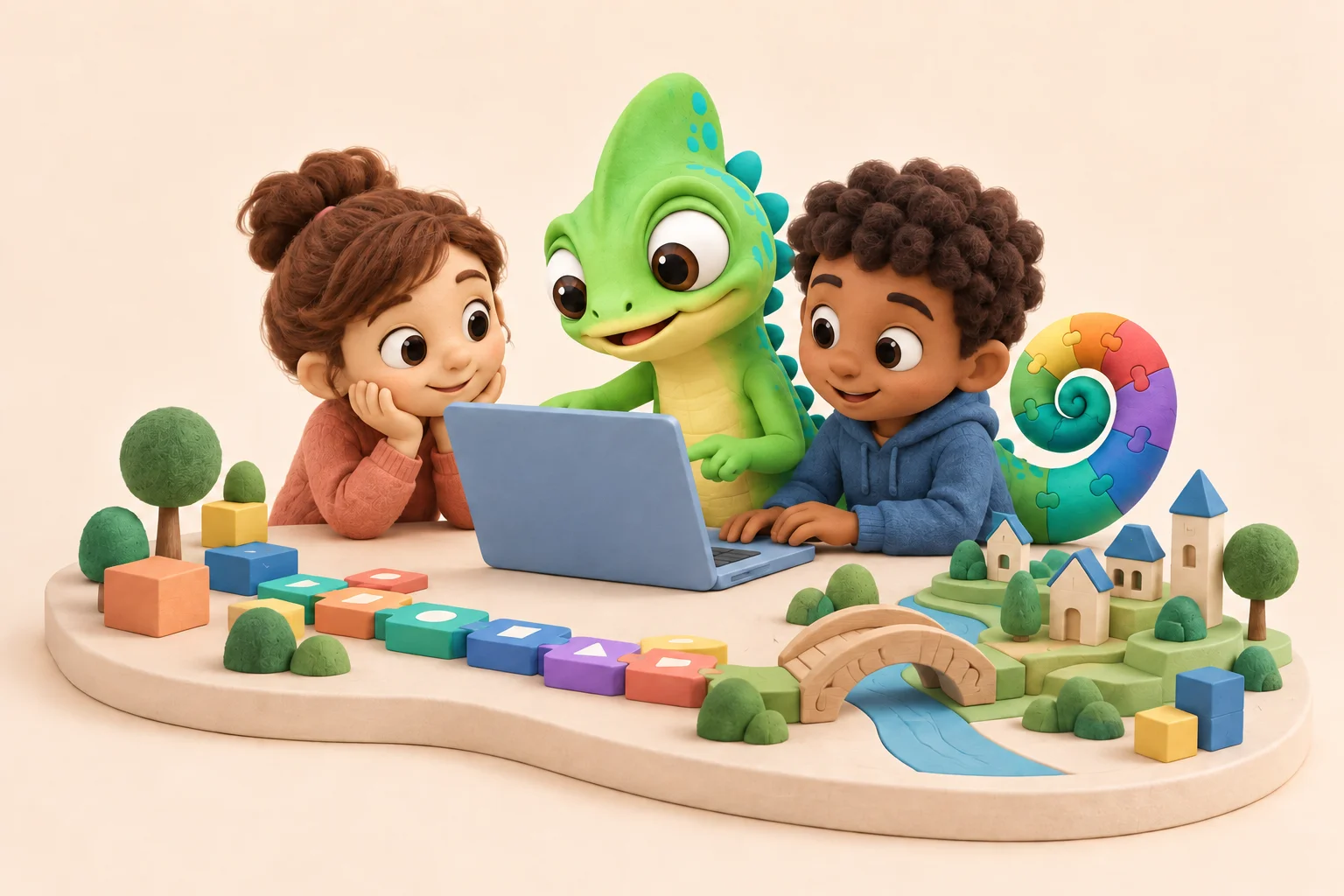 Pli, the green Pliro chameleon, and two children exploring programming beside colourful blocks and a miniature town.